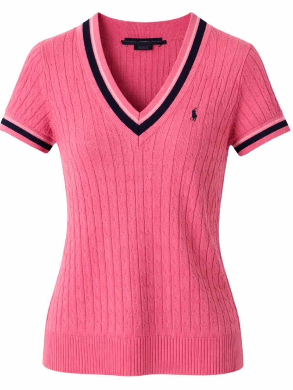 Ralph Lauren Pink Cable-Knit V-Neck Short Sleeve Sweater with Navy Trim